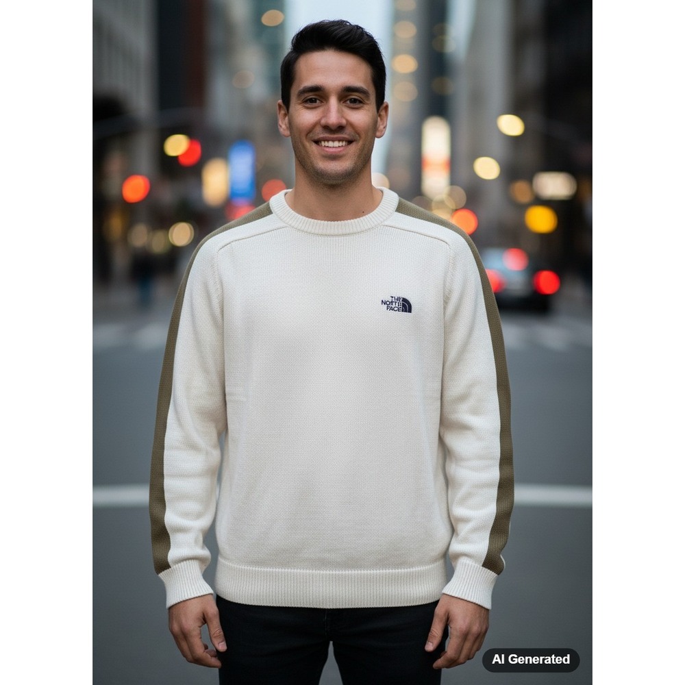 The North Face Mens Knit A5 Sweater White Olive Green Stripes Logo L -stain/snag
